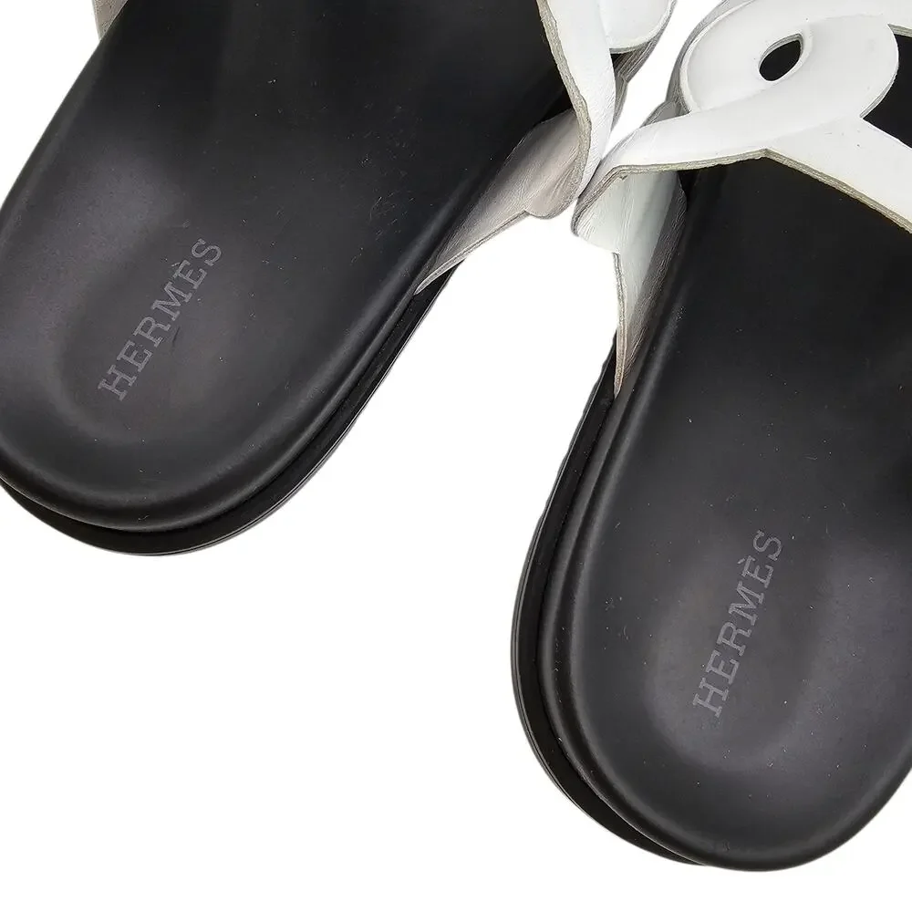 Hermes Extra Sandal Flat Slide Double Strap Black White Leather Size 38 US 8
